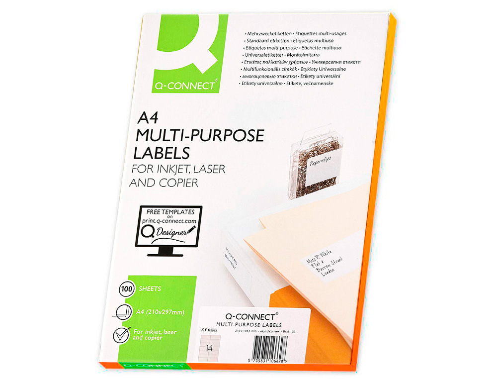 ETIQUETA ADHESIVA Q-CONNECT KF01585 TAMAO 99,1X38,1 MM FOTOCOPIADORA LASER INK-JET CAJA CON 100 HOJAS DIN A4