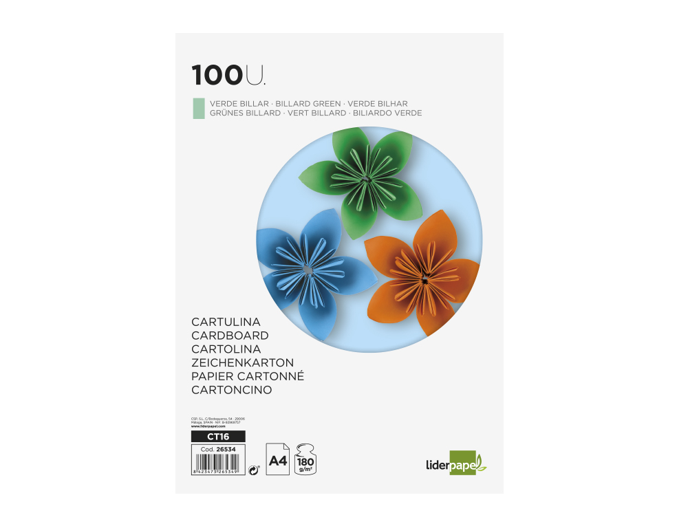 CARTULINA LIDERPAPEL A4 180G/M2 VERDE BILLAR PAQUETE DE 100 HOJAS