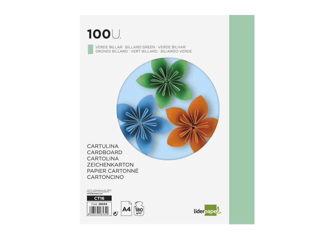 CARTULINA LIDERPAPEL A4 180G/M2 VERDE BILLAR PAQUETE DE 100 HOJAS
