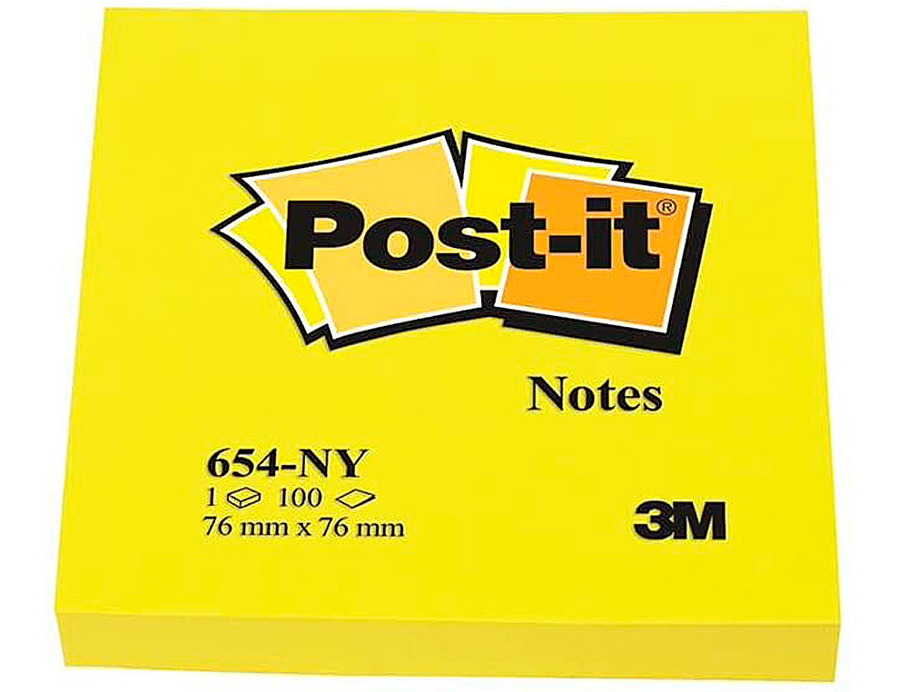 BLOC DE NOTAS ADHESIVAS QUITA Y PON POST-IT 76X76 MM AMARILLO NEON CON 100 HOJAS
