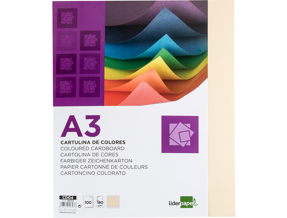 CARTULINA LIDERPAPEL A3 180G/M2 CREMA PAQUETE DE 100 HOJAS