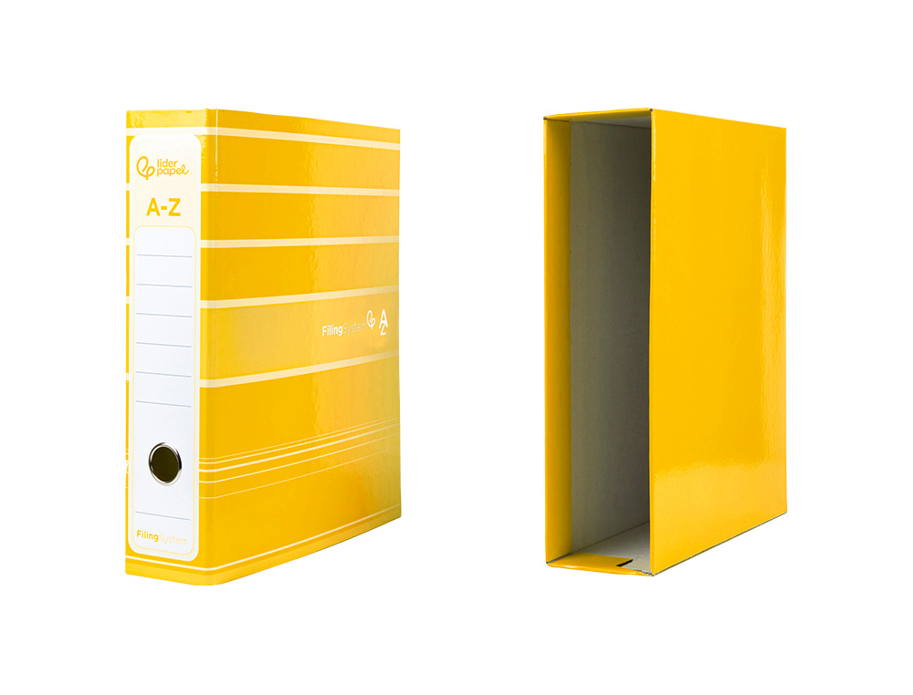 ARCHIVADOR DE PALANCA LIDERPAPEL A4 FILING SYSTEM FORRADO SIN RADO LOMO 80MM AMARILLO CON CAJA Y COMPRESOR METAL