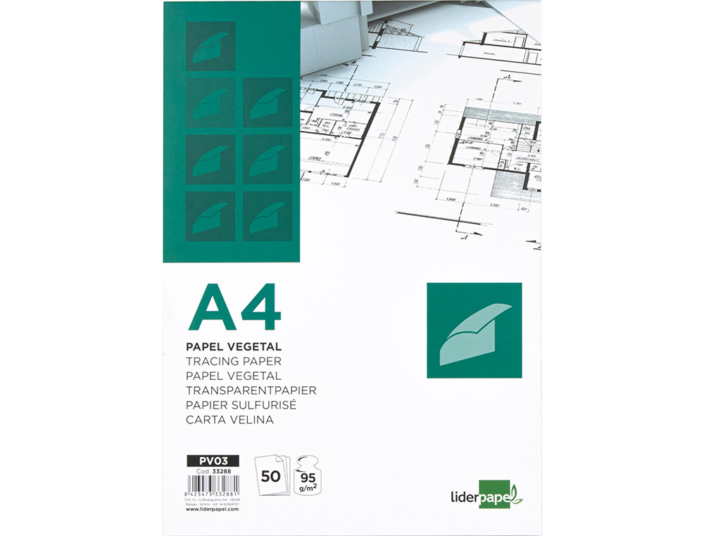 BLOC PAPEL VEGETAL LIDERPAPEL ENCOLADO 50 HOJAS 210X297MM 95GR