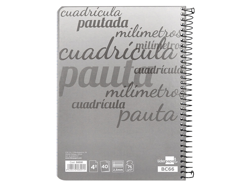 CUADERNO ESPIRAL LIDERPAPEL CUARTO PAUTAGUIA TAPA BLANDA 40H 75GR CUADRO PAUTADO 2,5MM CON MARGEN COLORES SURTIDOS