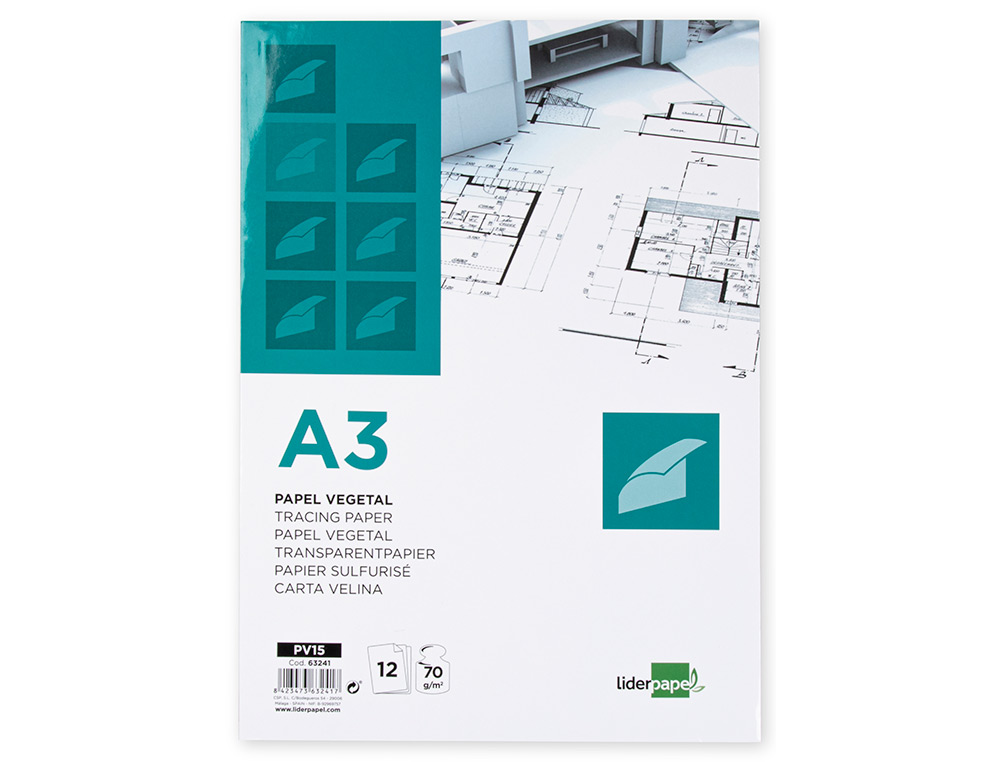 PAPEL VEGETAL LIDERPAPEL A3 70GR 297X420MM SOBRE DE 12 HOJAS