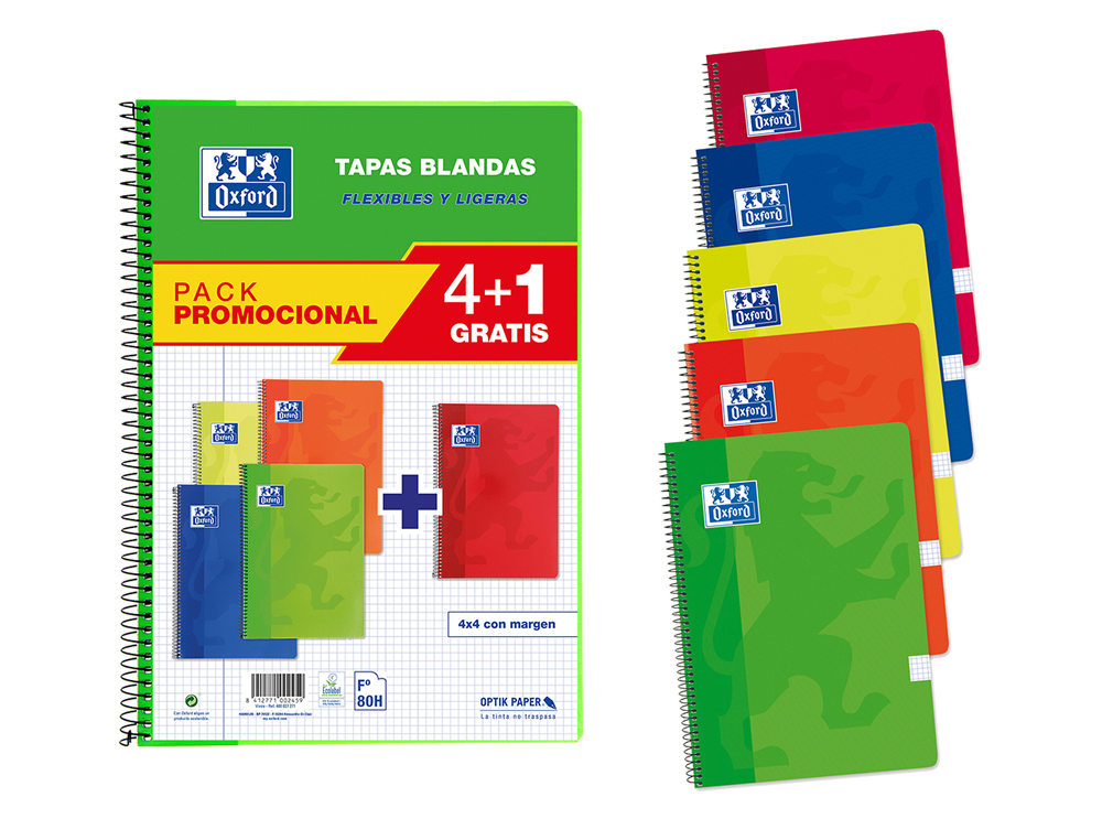 BLOC ESPIRAL OXFORD TAPA BLANDA FOLIO 80 HOJAS 90GR CUADRO 4 MM COLORES VIVOS PACK DE 4+1