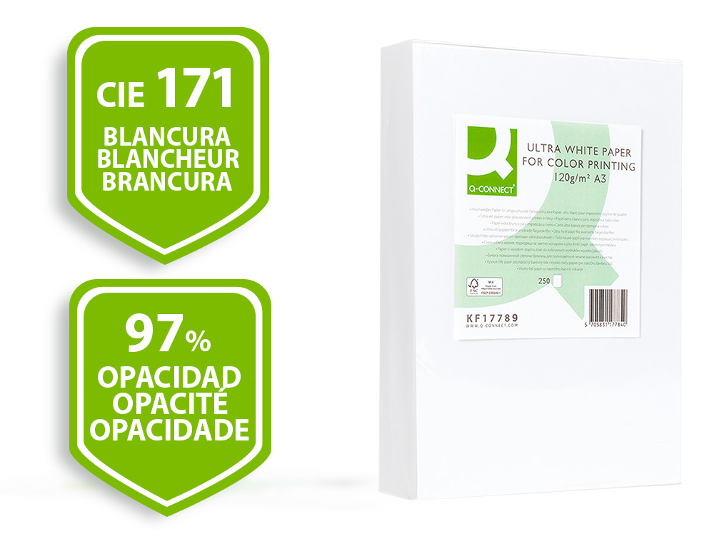 PAPEL FOTOCOPIADORA Q-CONNECT ULTRA WHITE DIN A3 120 GRAMOS PAQUETE DE 250 HOJAS