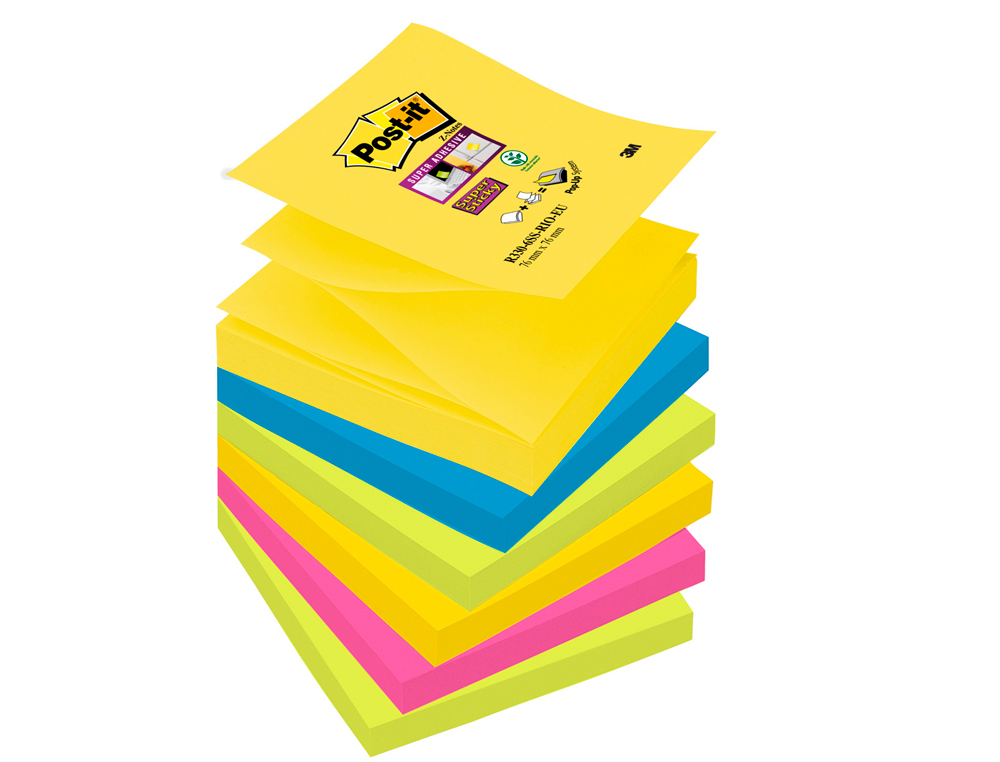 BLOC DE NOTAS ADHESIVAS QUITA Y PON POST-IT SUPER STICKY 76X76 MM CON 90 HOJAS PACK DE 6 BLOC COLORES SURTIDOS