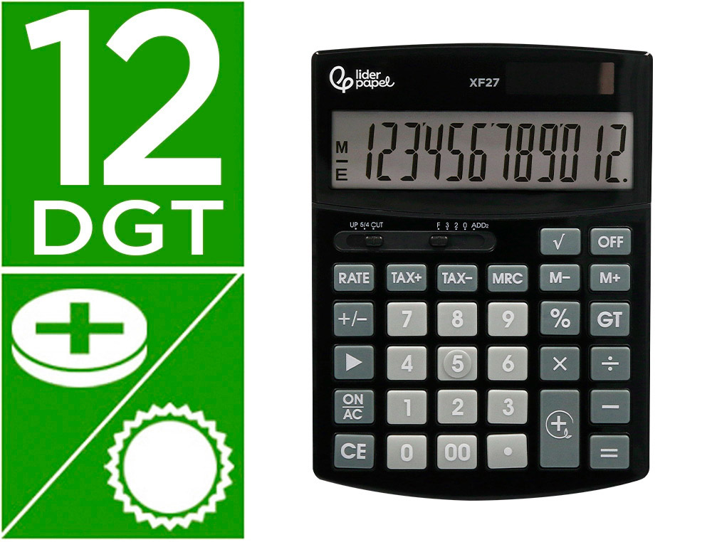 CALCULADORA LIDERPAPEL SOBREMESA XF27 12 DIGITOS TASAS SOLAR Y PILAS COLOR NEGRO 155X115X25 MM