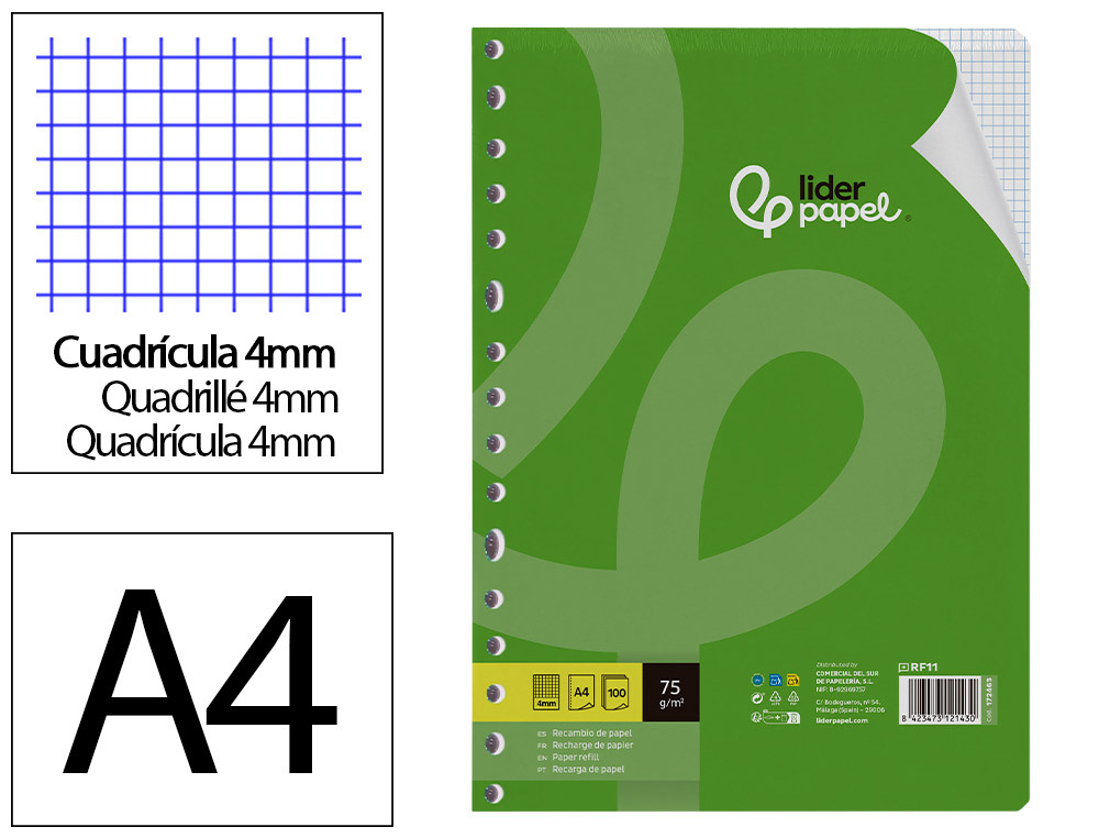 RECAMBIO LIDERPAPEL A4 100 HOJAS 75GR CUADRO 4MM CON MARGEN 16 TALADROS