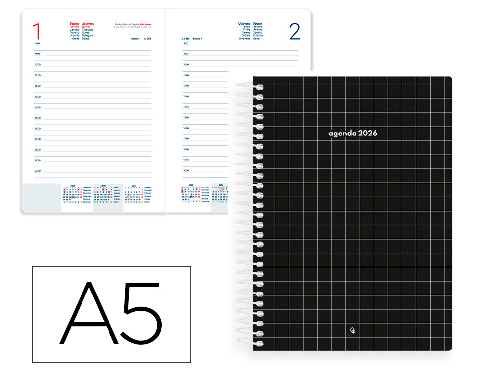 AGENDA ESPIRAL LIDERPAPEL GAZI A5 2026 DIA PAGINA NEGRO PAPEL 70 GR FSC
